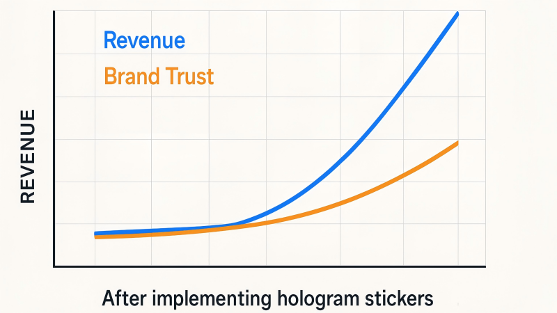 A chart showing a rising line for revenue and brand trust after implementing hologram stickers.